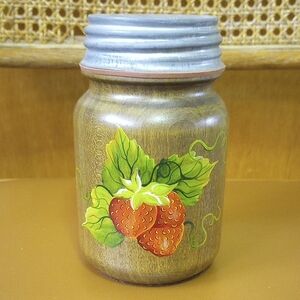 Handpainted Wood Mason Jar. Strawberry Design.  Brown Red Green Silver